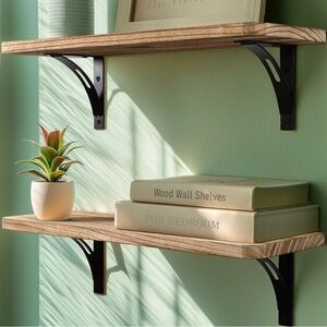 Rustic Wooden Wall Shelves with Black Brackets